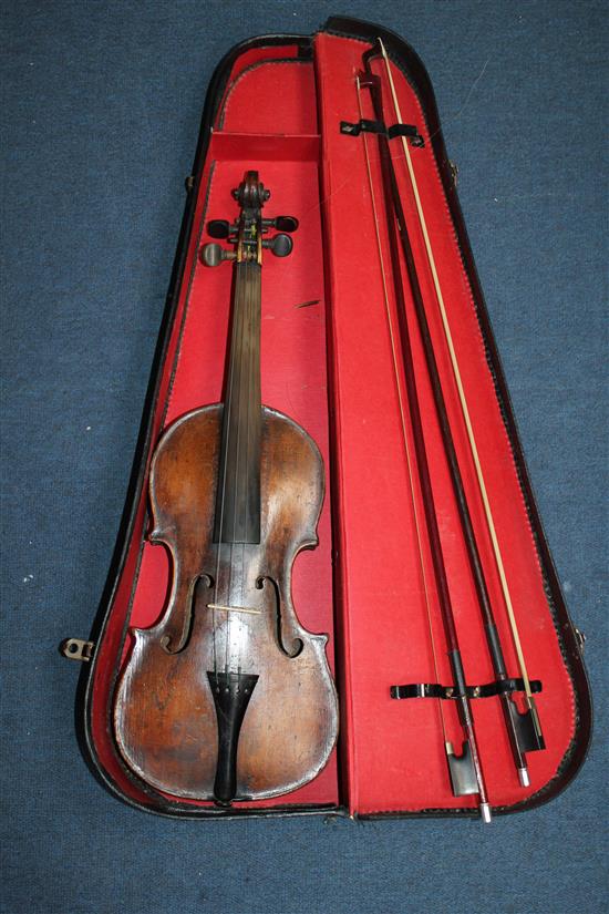 A 19th century violin, case & two bows